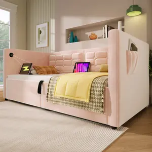 Twin Size Daybed with Hidden Storage, Upholstered Twin Daybed Frame with USB & Type-C Charging, Hydraulic Storage Bed Frame with Wooden Slats, Corner Twin Bed for Bedroom Living Room, Pink