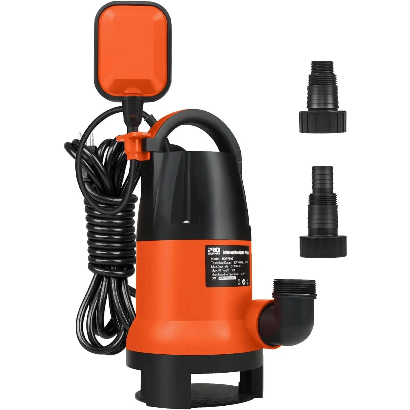 Sump Pump,  1HP 3700GPH Submersible Clean/Dirty Water Pump with Automatic Float  for Pool, Pond,Garden, Flooded Cellar, Aquarium and Irrigation (Orange)