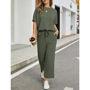 1 Sets for Women Soft Short Sleeve Matching Lounge Set Wide Leg Pants Loungewear Tracksuit Travel Spring Summe Travel Kitr casual Outfits Green