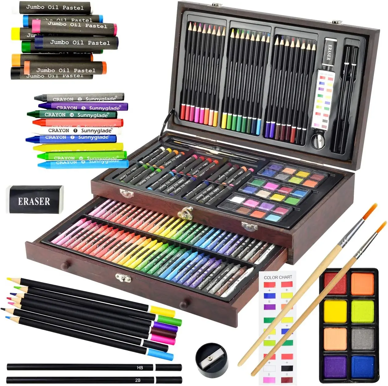 [Back to School] 145 Piece Deluxe Art Set, Wooden Box & Drawing Kit with Crayons, Oil Pastels, Colored Pencils, Watercolor Cakes, Sketch Pencils, Paint Brush, Sharpener, Eraser, Color Chart (Cherry)