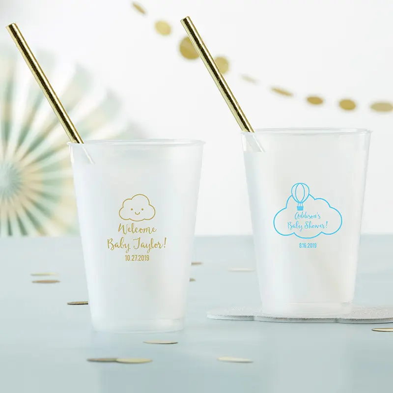 Kate Aspen 18146NA-GN 10 oz Personalized Frosted Flex Plastic Cup - Gender Neutral Baby Shower, Printed Balloon & Cloud Design, Indoor Festive Disposable Tableware