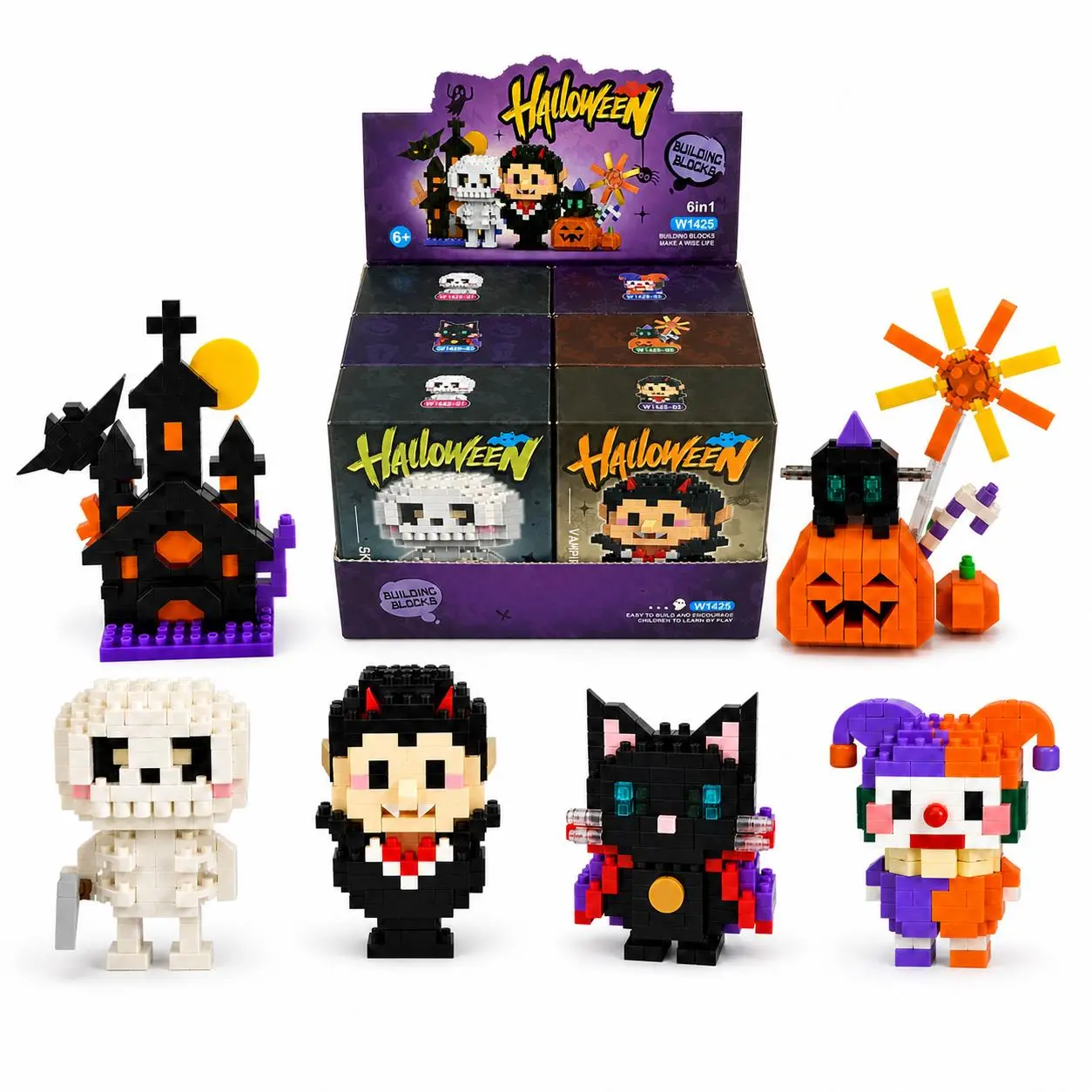 2026 Halloween 6-in-1 Mini Building Blocks Kit - Collectible Model Construction Set, Creative Interlocking Blocks, DIY Kit for 6+ Years with Skeleton, Vampire, Black Cat, Clown, Pumpkin Windmill, Haunted Castle, Kids' Party Favor Gift