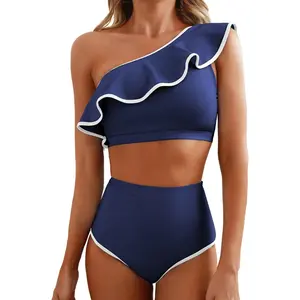 Cute One-Shoulder Ruffle Bikini Set| High Waisted Navy Blue Swimwear Flounce High-Waisted Bikini| Tummy Control Two-Piece Swimsuit for Summer Ruffled Tankini with High Waist Floral Ruched Tankini