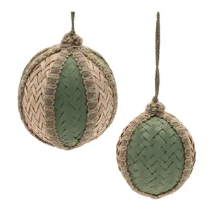 360 Stand Melrose 94479DS 4 & 5 in. Plastic, Bamboo & Fabric Ball Ornaments - Green & Beige, Set of 4, Traditional Christmas Decoration, Modern Hanger, Wreath Accent for Farmhouse Room Decor, Modern Ornament