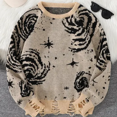 Men's Graphic Pattern Galaxy Ripped Drop Shoulder Knitted Pullover Sweater, Loose Casual Long Sleeve Round Neck Jumper for Fall & Winter, Fashion Men's Knitwear for Daily Wear