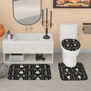 1/4pcs halloween ghosts skulls tombstones spooky black beige shower curtain set with shower curtain and rugs polyester machine washable for halloween bathroom or shower decor with 12 hooks non-slip bath mat u-shape toilet lid cover mat
