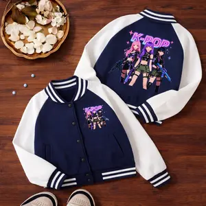 Girls' K-Pop Girl Group Style Printed Baseball Jacket, Comfortable Daily Outerwear for Campus and Casual Wear, Ideal Pre-Valentine’s Day Fashion Item Menswear
