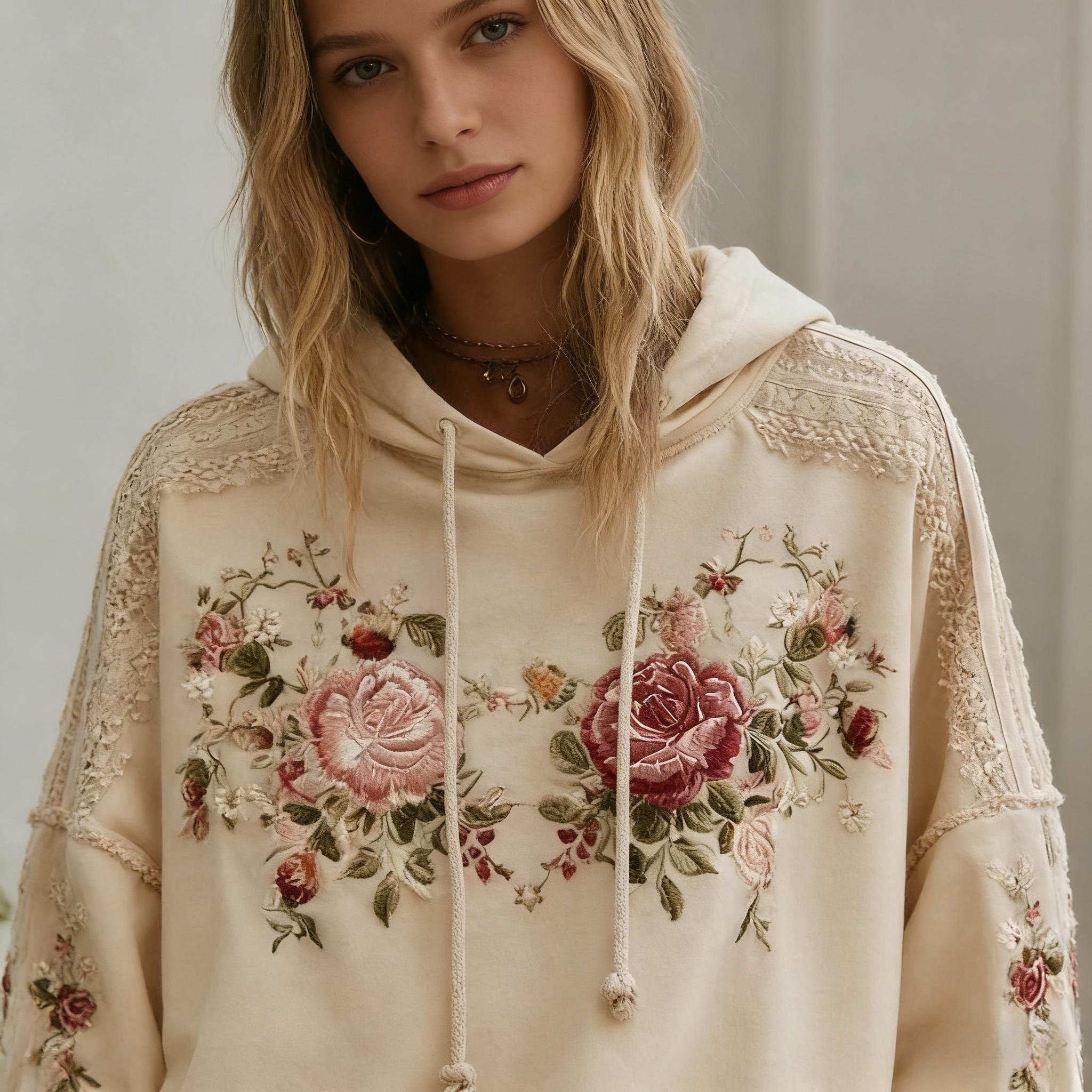 Vintage Beige Floral Embroidered Hoodie, Lace Patchwork Oversized Pullover, Boho Cottagecore Aesthetic Sweatshirt, Romantic Rose Embroidery Casual Streetwear for Women