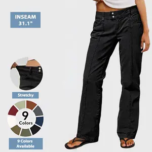 Flamingals Mid Rise Straight Leg Butt Hugging Pants Women's Stretchy Fabric Multicolor Flattering for All Body Types Versatile Everyday Wear Minimalist Brown Solid Seam Front Trouser