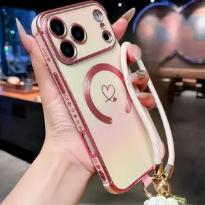 Magnetic Colorful Phone Case Cover for iPhone Series, Electroplated Dual Heart Design, Soft TPU Material with Stylish Wrist Strap