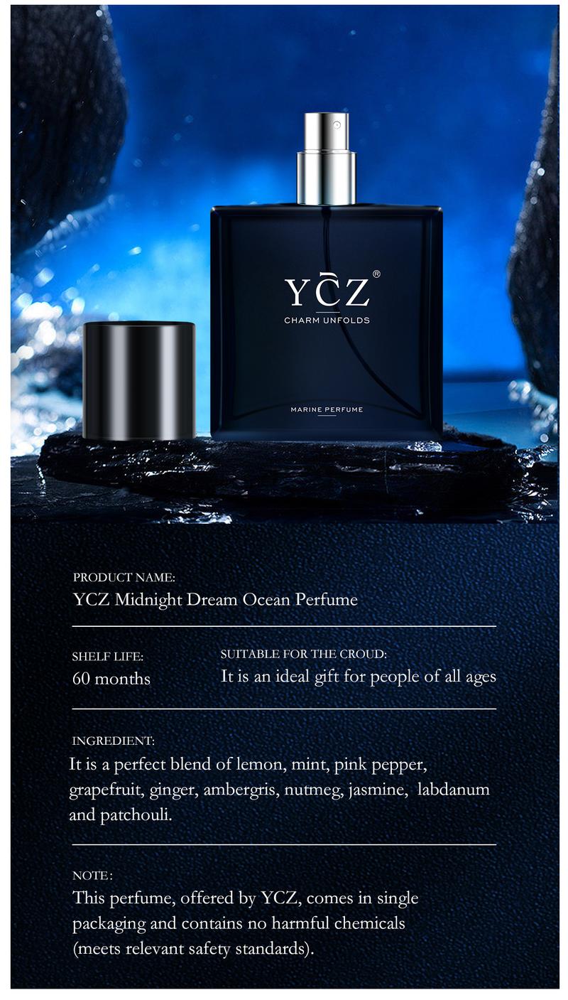 YCZ Midnight Marine Perfume EDP 50ml Sweet Elegant Fragrance for Men's Cologne Gift with Jasmine Lemon & Patchouli Notes Long Lasting Scent Aromatic Amberwood Charm Unfolds