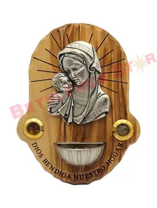 Olive wood holy water font for wall | Virgin Mary & baby Jesus plaque | God bless out home Sacred Holy Water Vessel from The Holy Land Decor Religious