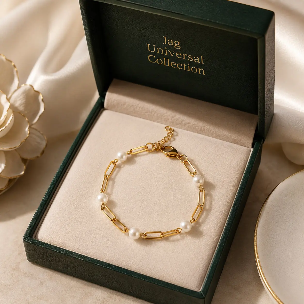 Made in the USA | 18K Gold PVD Pearl Paperclip Bracelet | Hypoallergenic 316L Surgical Steel