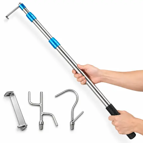Stainless Steel Cargo Grabber Reach Retriever Tool, 6.3 Ft Length Telescopic Pole Heavy Duty Truck Accessories with Hooks for Pickup Trucks, Trailers
