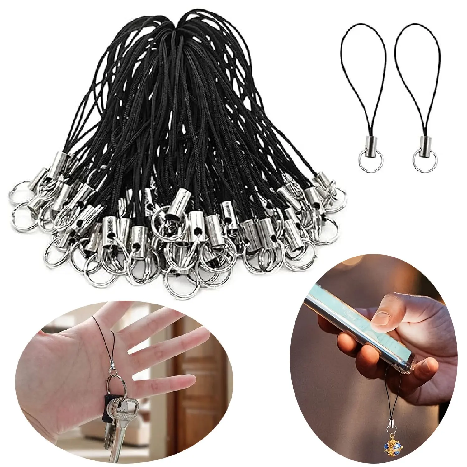 Phone Charms Strap Kit, Cell Phone Split Ring Strap, Keychains String, Lariat Lanyard Loop Charms Pendant Clasp for Cell USB Keychains DIY Jewelry Accessories, Phone Accessory, Cellphone(Black)