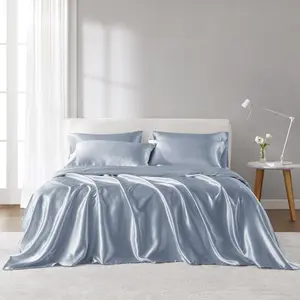 360 Stand King Size Satin Luxury Sheet Set, Polyester Satin, 108x102x0.13 in, Blue, Oeko-Tex Safe, for King Size Bed