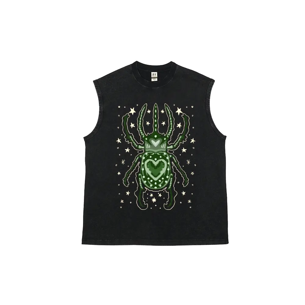Men's Heart Beetle Graphic Tank Top, Vintage Washed 100% Cotton, Breathable Loose Fit Vest for Casual Streetwear