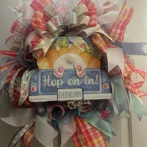 24" Indoor Outdoor Easter Wreath with Bunny Design and Plaid Bow for Festive Decor