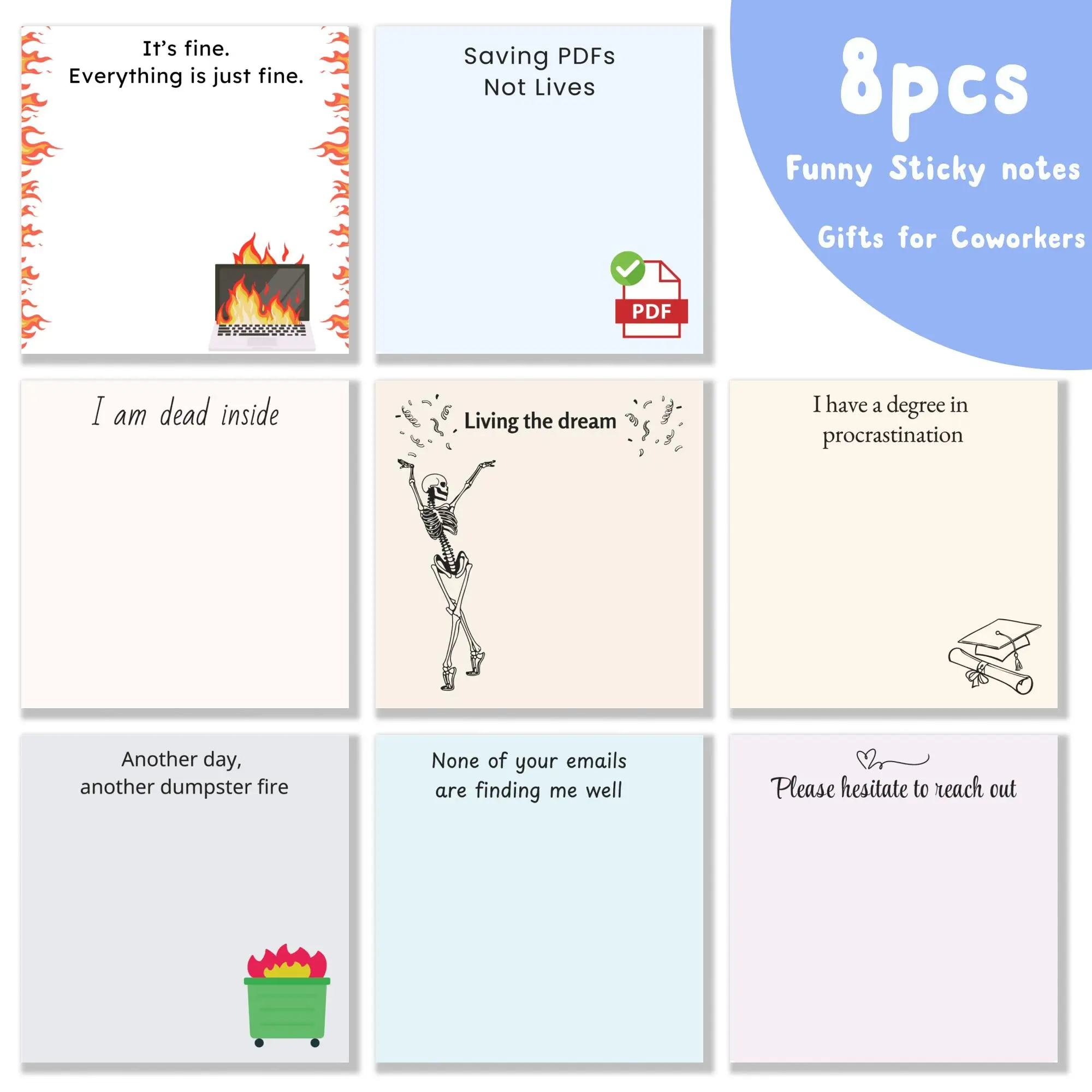 Funny Office Sticky Note, 8 Counts 3x3 Inch Funny Letter Note Pad, Adhesive Sticky Notebook, School Office Home Supplies, Decoration Sticker, Self Adh