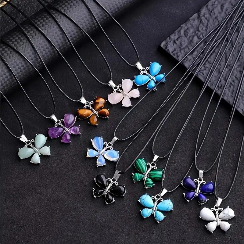 10pcs Natural Stone Necklaces Set with Butterfly Pendants for Women - Trendy Crystal Pendant Design for Daily Wear, DIY Jewelry Making & Meaningful Gifts, Trendy Necklaces, Crystal Necklaces