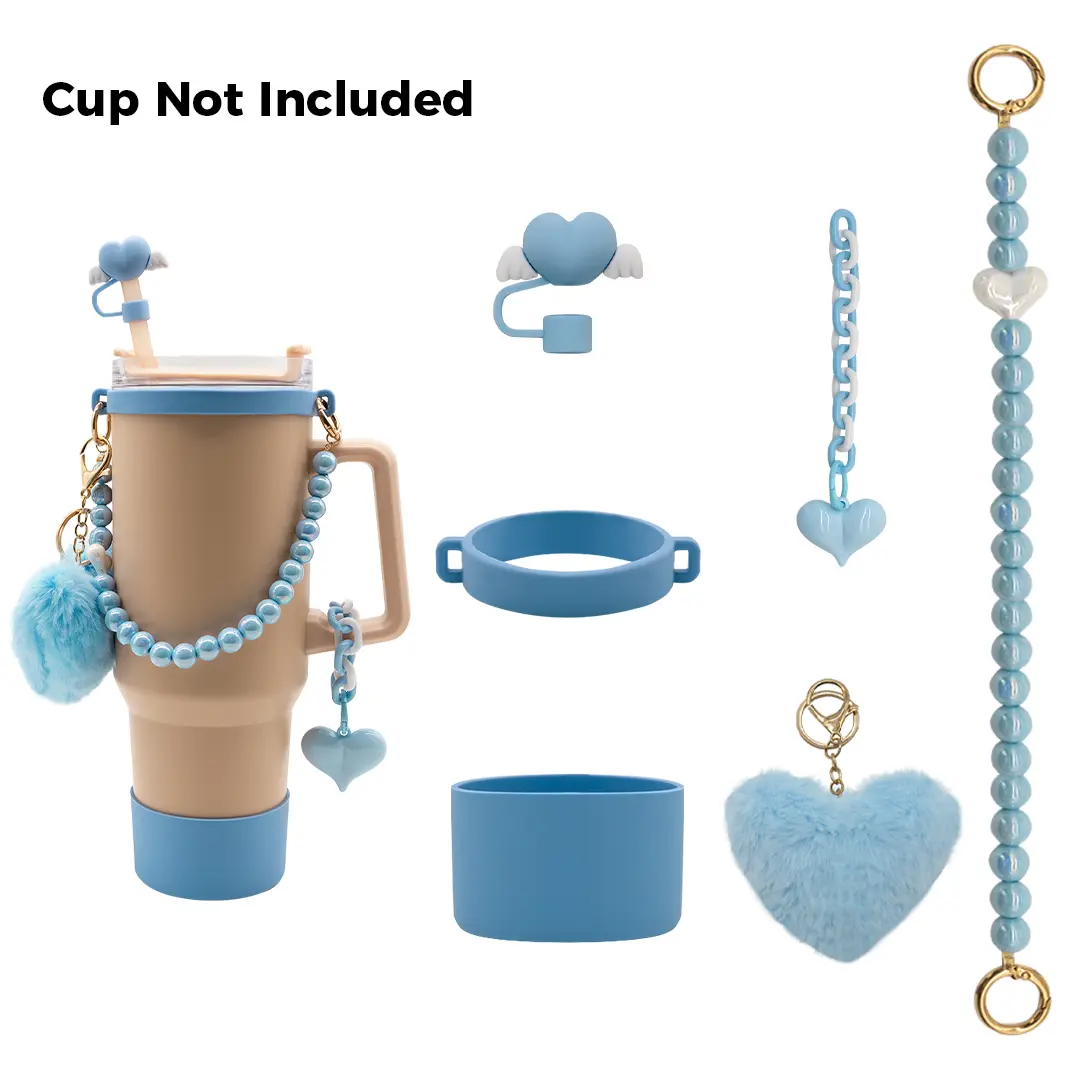 Cute Floral Bow Drinkware Accessories Set for 40oz Cups - Pearl Handle Strap, Flower Straw Topper, Anti-Slip Silicone Base Cover, Fluffy Pom Pom Pendant Charm
