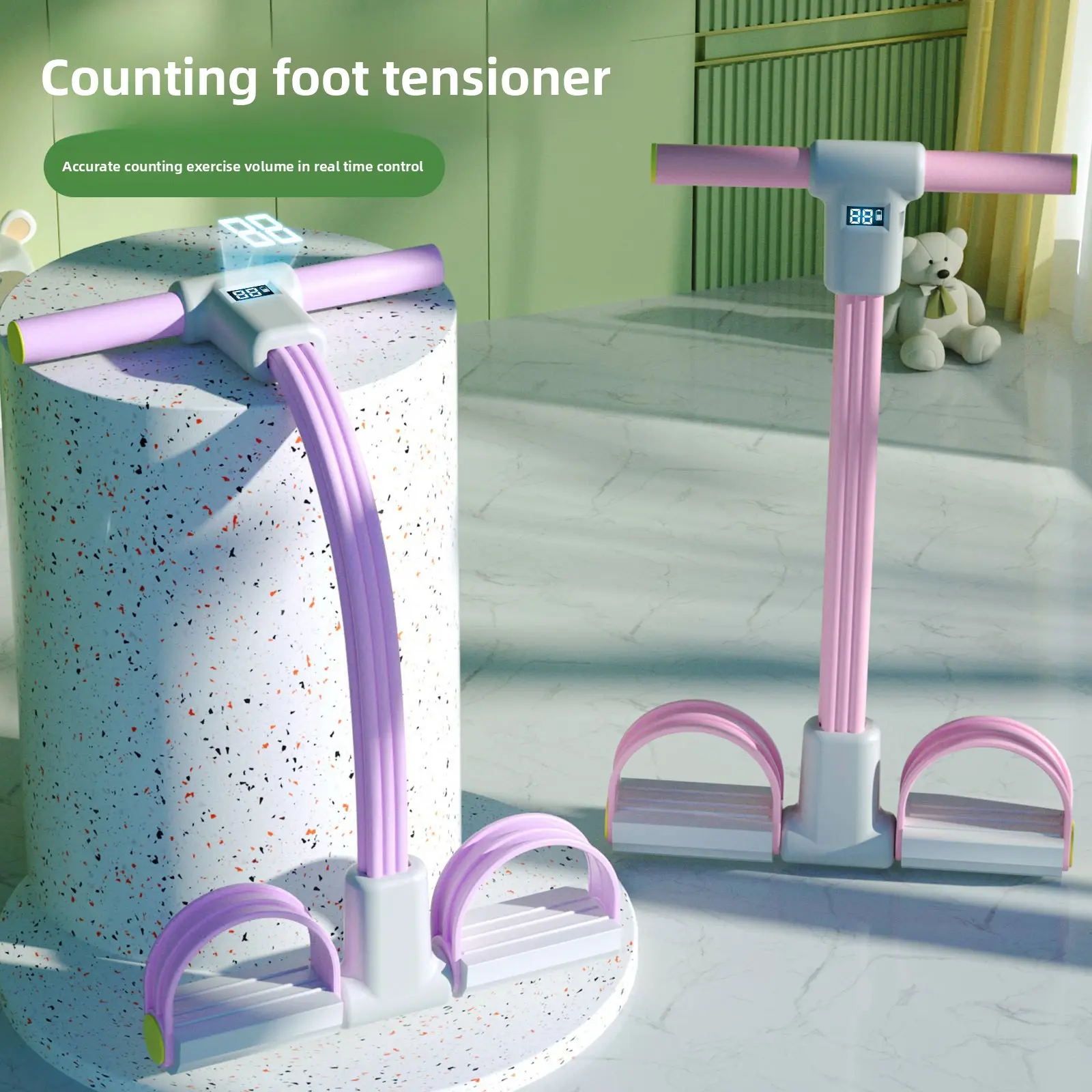 Voice Counting Pedal Puller with Digital Display, Adjustable Resistance Bands, Dual Handles for Core Muscle Activation, Home or Office Abdominal Training Fitness Equipment, Core Workout, Foot Pedal Grip
