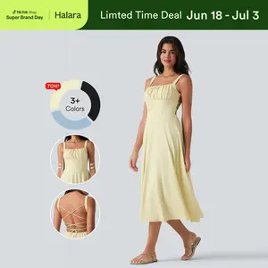 【Creator’s Pick】Halara Lemon Sea Salt Crisscross Backless Square Neck Sleeveless Ruched Built-in Bra Midi Resort Flowy Dress