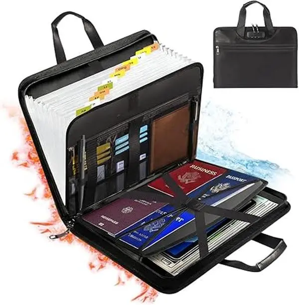 Fireproof Accordion File Organizer, Expanding File Folder with Lock & 13-Pocket, Black Important Document Organizer for Letter A4 Files, Travel Friendly with Luggage Strap