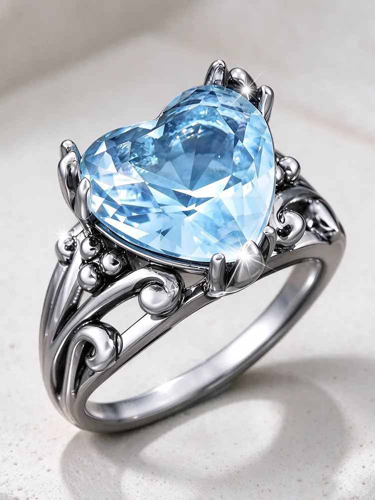 1 PC Vintage Gothic Copper Ring for Women, Heart Cut Light Blue Cubic Zirconia Statement Ring, Luxury Ring, Trendy Ring, Ornate Scrollwork Cocktail Ring, Anniversary Birthday Valentine’s Day Christmas heartfelt Gift For Her