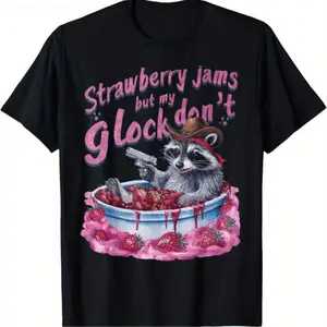 [100% Cotton] Playful Raccoon Cowboy Cotton Tee Featuring Strawberry Jam And Toy Gun Design Golf Gift T-Shirt For Men And Women  Golf Gift T-Shirt For Men and Women