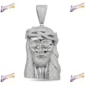 LUXFINE Iced Out Jesus Face Pendant,Solid Metal with Cubic Zirconia, Silver Plated Hip Hop Religious Statement Charm Necklace for Men