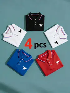 Men's Polo Shirt Set, Casual Fashion Home Wear, Solid Color Short Sleeve Horse Print, Contrast Collar, Breathable Daily/golf Shirts