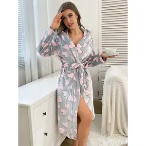 Women's gray polka dot pink love print pajamas, soft and skin friendly, with small pockets on both sides. The same belt, hood, autumn and winter thick robe, plush warm home clothes for outdoor leisure, and elegant vacation pajamas