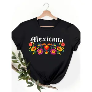 Women's Mexicana Floral Print Short Sleeve T-Shirt - Black with Vibrant Mexican Flower Design, Relaxed Fit Round Neck Summer Casual Top, Machine Washable, Festival Clothing, Bold Lettering, Stretchy Fabric, Printed Shirt, Festival