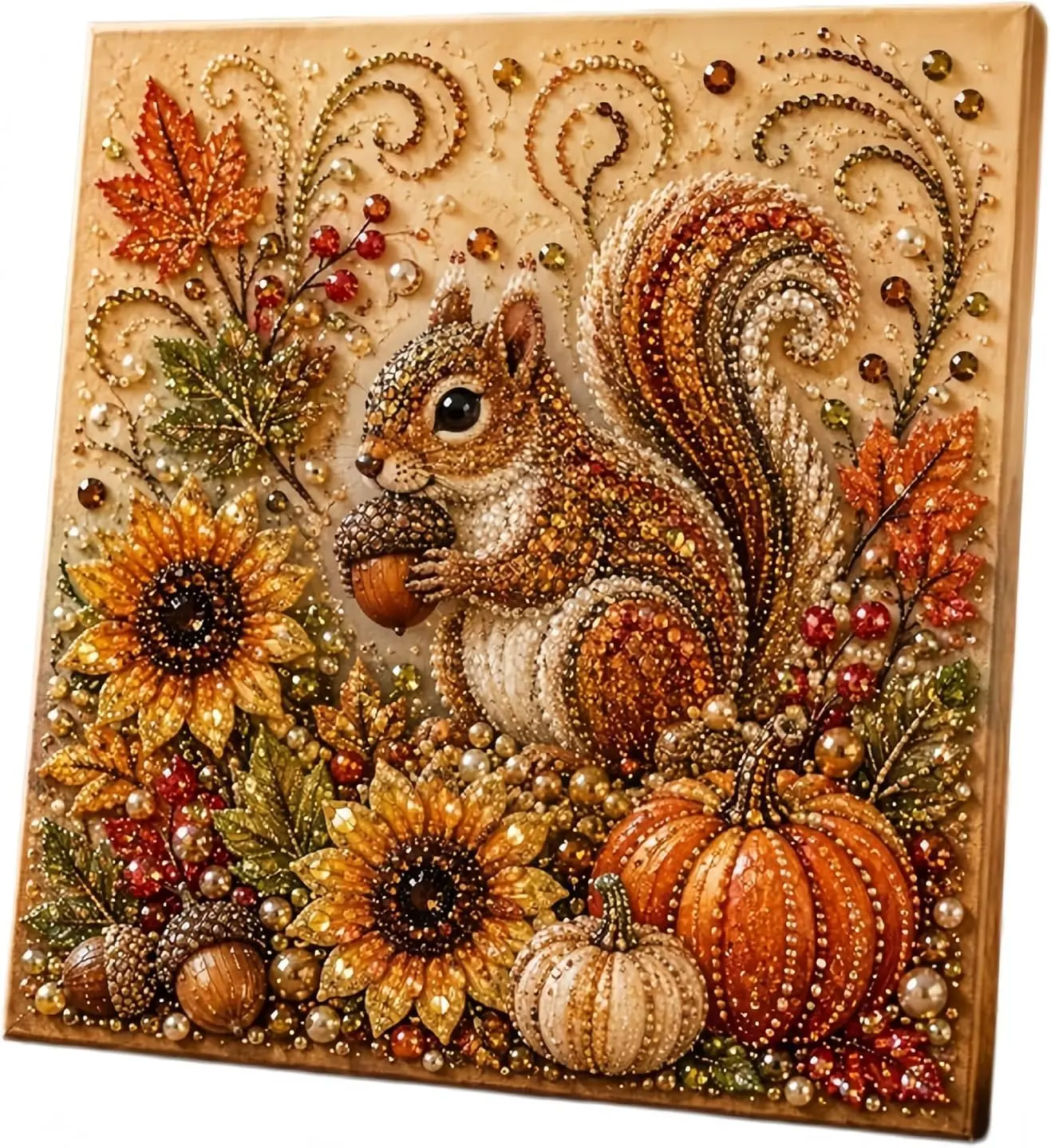 Autumn Pearl Painting Kit, 3D Pearl Diamond Painting Kit, DIY Pearl Art Craft for Adults, Thanksgiving Harvest Home Wall Decor, Handmade Seasonal Gift，Cozy Fall Squirrel