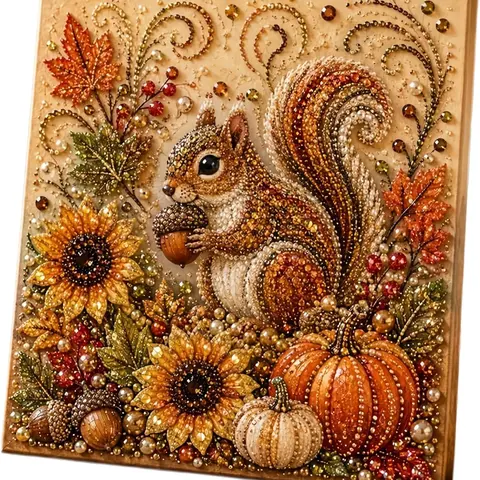 3D Pearl Beads Animal Print Diamond Painting Kit - Autumn Cozy Squirrel Fox Themed DIY & Diamond Art Kit for Adults Hobbies, Thanksgiving Harvest Home Wall Decor Handmade Gift, Diy Kits