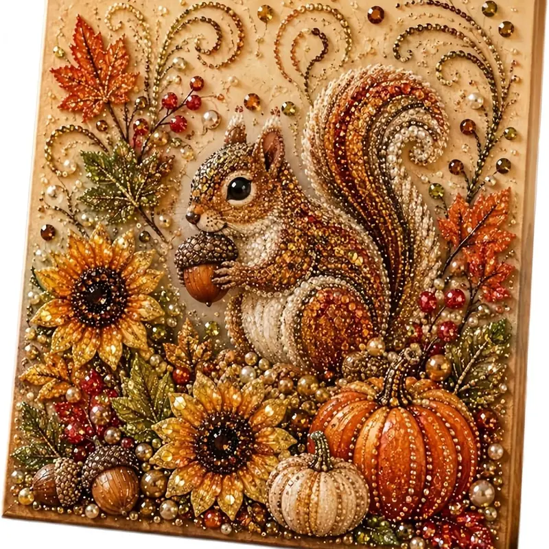 3D Pearl Beads Animal Print Diamond Painting Kit - Autumn Cozy Squirrel Fox Themed DIY & Diamond Art Kit for Adults Hobbies, Thanksgiving Harvest Home Wall Decor Handmade Gift, Diy Kits