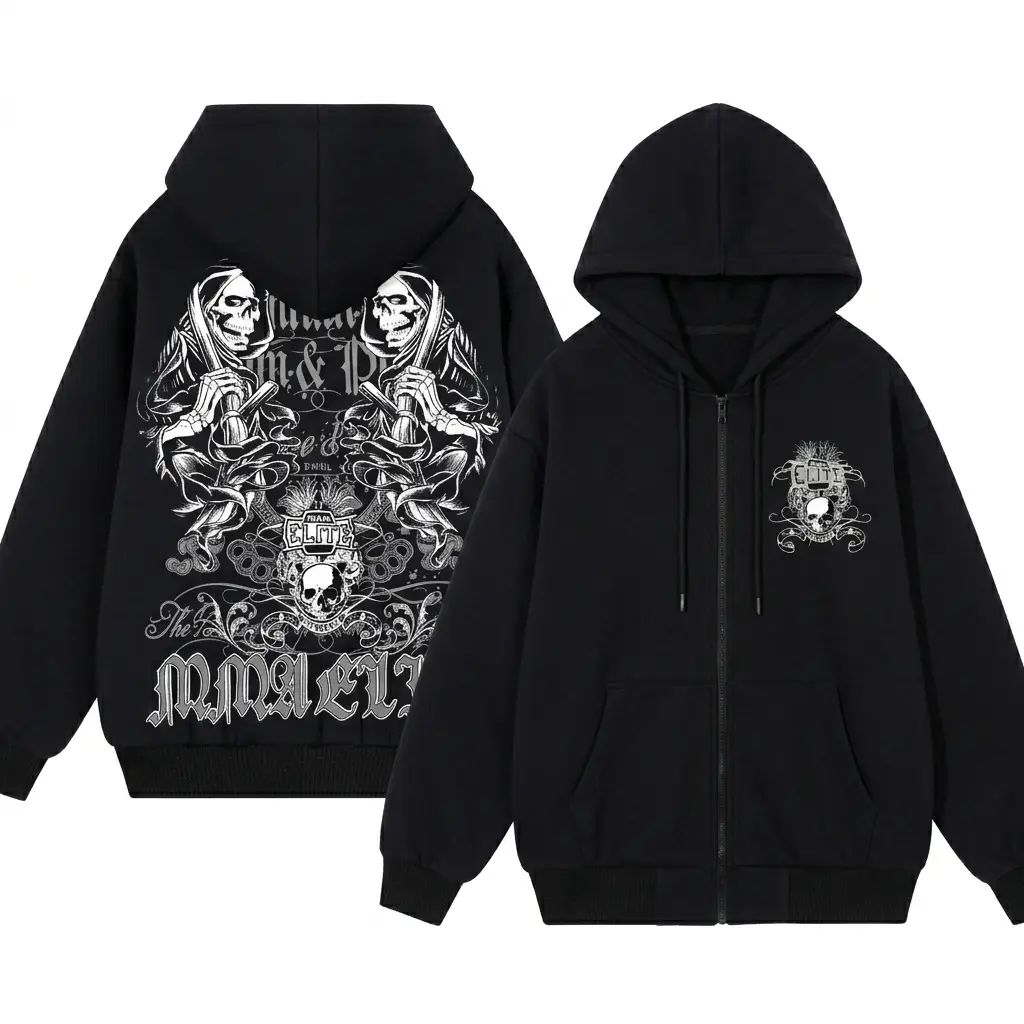 Streetwear AfflictioN Hoodie Zipper Y2K Sweatshirt Mens Hip Hop Letter Retro Skull Graphic Print Oversized Hoodie Jacket Clothes Printed Zip-Up Hoodie