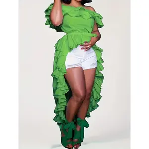 Stylish Ruffle Trim Off-shoulder Top，Cinched Waist Solid Color High，low Top for Women Shirts Womenswear