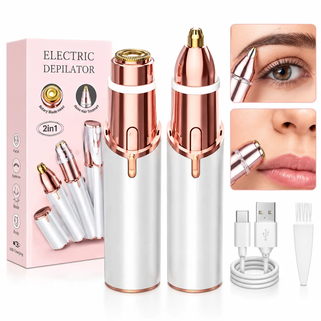 2-in-1 Facial Hair Remover & Eyebrow Trimmer for Women, 2026 Upgraded USB Rechargeable Beauty Tool with LED Light, Portable Precision Shaver for Face, Upper Lip and Chin, Rose Gold Christmas Gift for Her