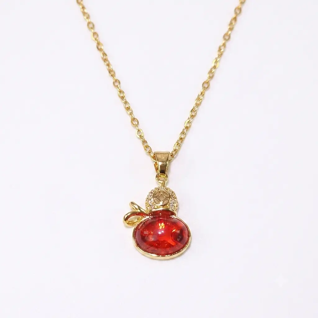 Golden Lucky Gourd Pendant Necklace | Crimson Fortune Charm