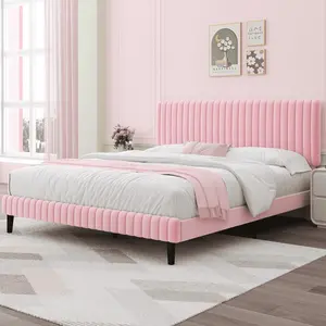 Twin/ Full/ Queen/ King Upholstered Size Bed Frame, Adjustable Velvet Headboard, Modern Bed Frame With Horizontal Channel Design, Sen Slats Support, No Box Spring Needed, Noise-Free, Easy Assembly, Twin Bed Frame Room Decor Home