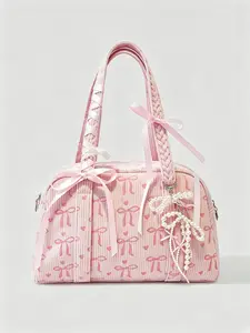 A niche design with a sweet atmosphere tote bag, fully printed with bow patterns, woven shoulder strap design, pearl bow decoration, fashionable personality and exquisite style shoulder bag, Versatile Shoulder Bags, suitable for commuting/travel