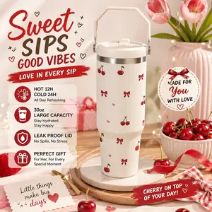 1 Pc 30oz Cherry Bow Cute Design, Sweet Love Aesthetic Vacuum Cup, Double Wall Thermal Mug, Leak Proof Lid, Keeps Drinks Hot 12H Cold 24H, Valentine Day Gift for Women Girls, Birthday Holiday Cute Travel Mug