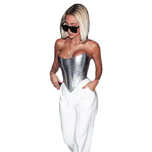 Summer Autumn Clothes Women's Metallic Vest Top Sexy Slim Undercoat Corset Bottoming Shirt Waist Bandage Hot Girls Streetwear Womenswear Check Light Gamis Basic Costumes Minimalist