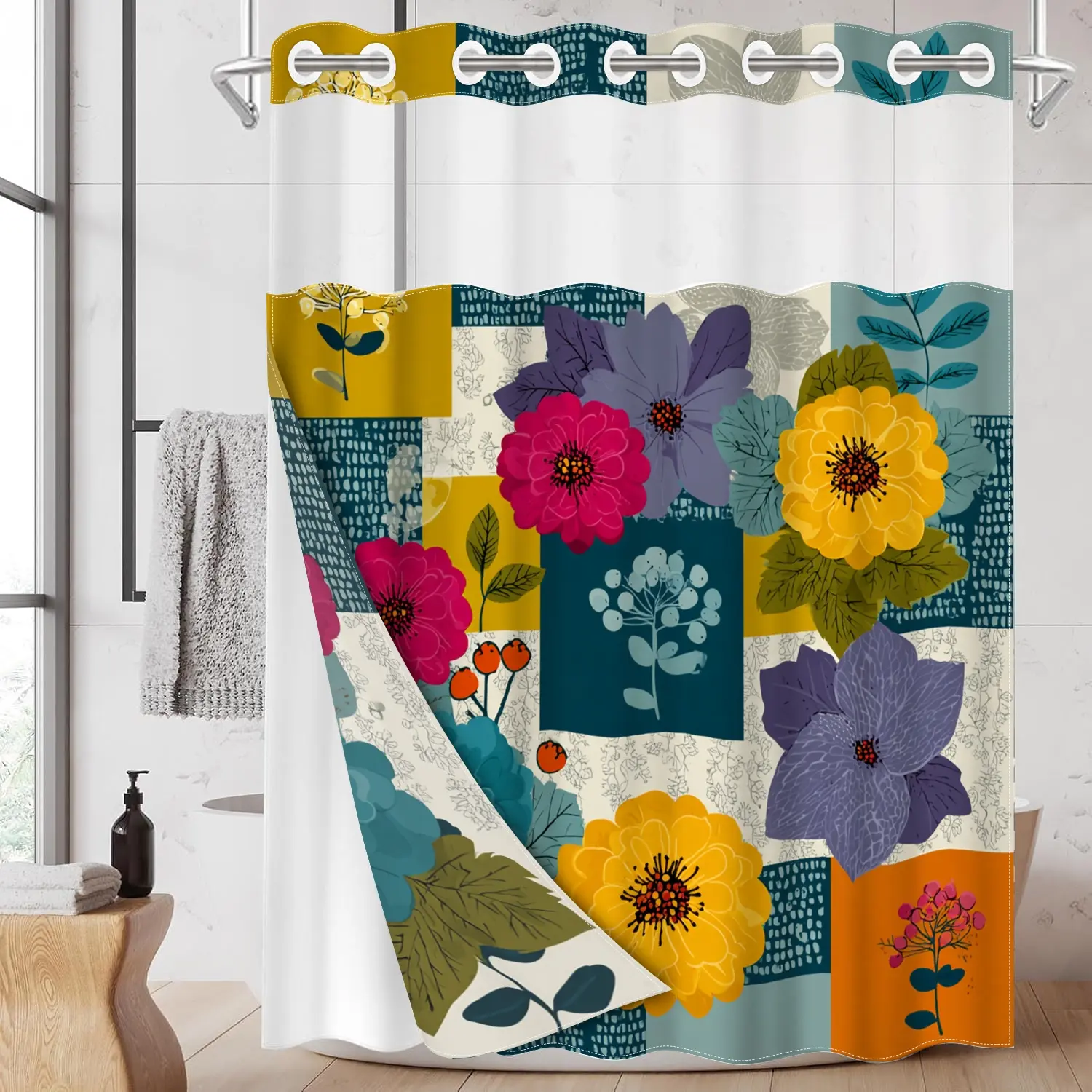 1pc hookless shower curtain with snap fastener, Bathroom, retro floral collage 2D Flat Printing, fabric waterproof inner lining shower curtain with transparent window double-layer curtain, 71 x 74 inches, modern home decor