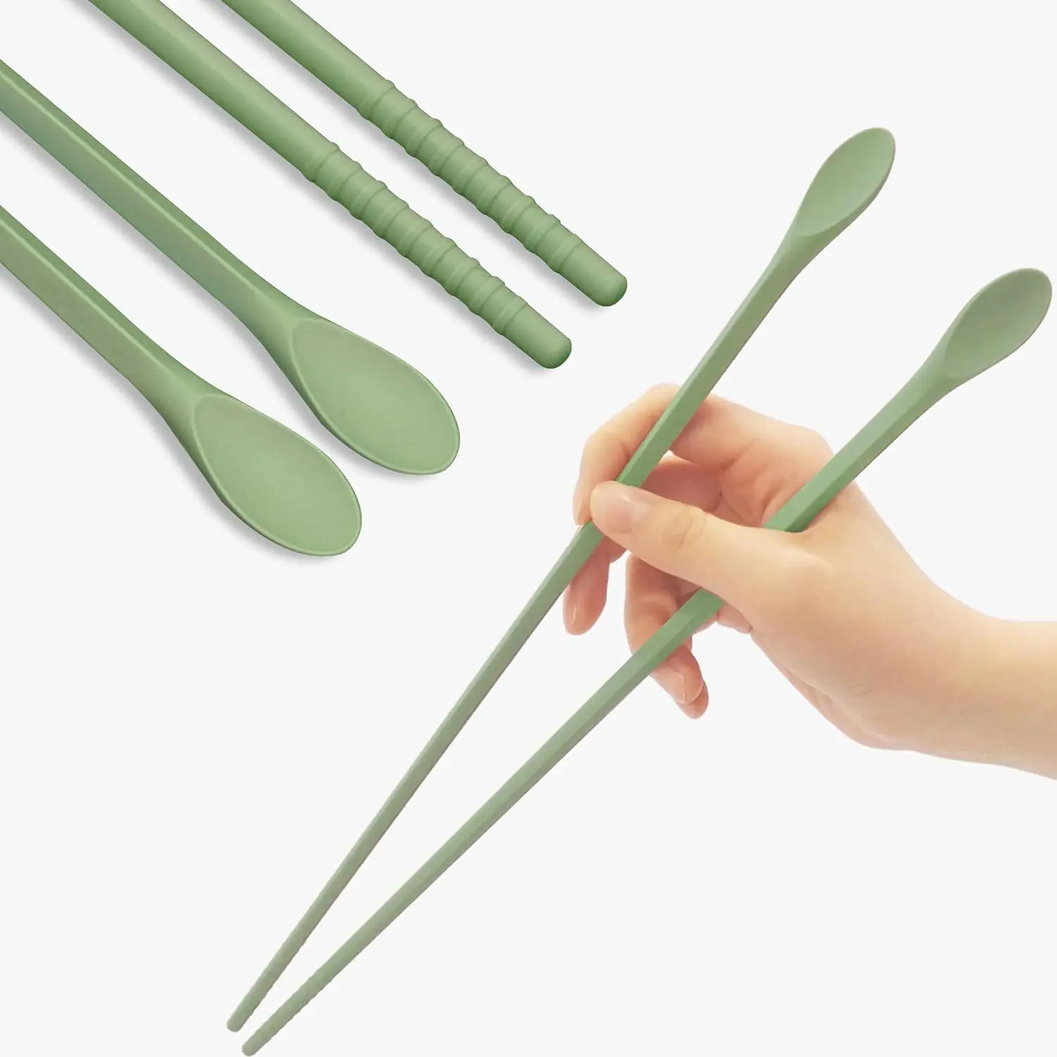 Reusable Long Silicone Cooking Chopsticks with Spoon 12 Inches  Dishwasher Safe BPA-free Non-Slip Korea Kitchen Utensils (Pastel Green)