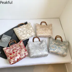 2026 Elegant Floral Jacquard Tote with Bamboo Handles, Popular Retro Shimmer Flower Print Handbag, Structured Top-Handle Purse, natural bamboo accents & versatile colors, great for daily use, formal events and gifting
