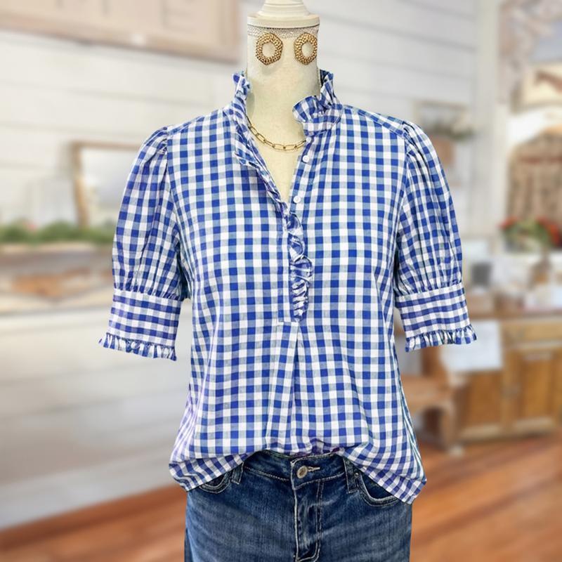 100% Cotton Green/Khaki/Red/Blue Gingham Check Shirt with Ruffle Neckline & Puff Sleeves Medium Length Women's Fashion Top Runs Large