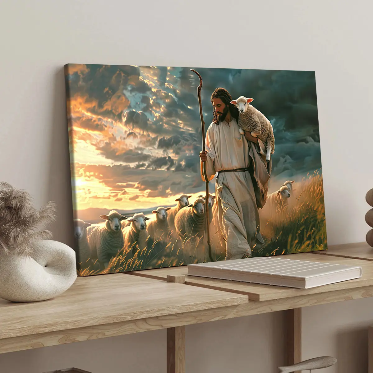 1 Count wood frame canvas, Lamb and Savior Figure poster, stylish family poster, exquisite bedroom mural, modern art decoration, Modern Art Design, suitable for corridor wall decoration, ideal gift, waterproof, print